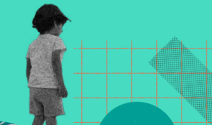 Child standing with back to us and looking at a graphic-generated green background