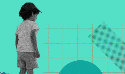 Child standing with back to us and looking at a graphic-generated green background