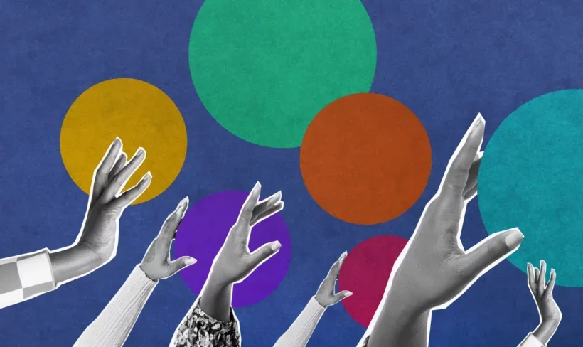 graphic illustration with different colored circles with a black/white photo overlay of hands reaching up